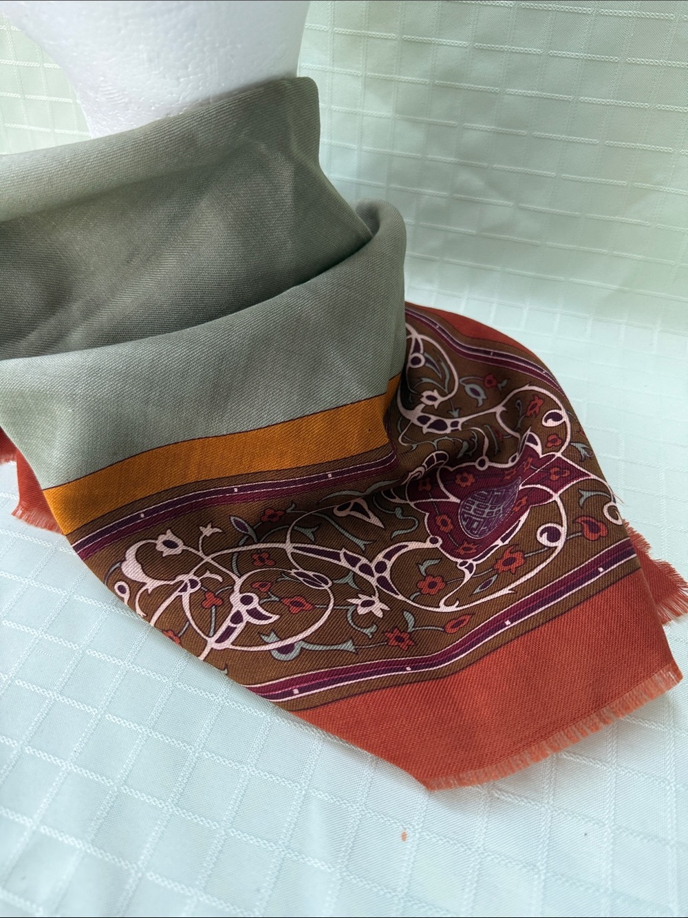 Vintage Anne Klein Wool Scarf in Sage, Rust & Mustard